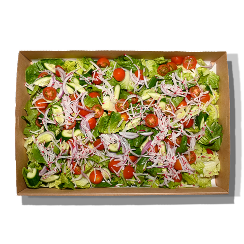 Garden salad with baby cos lettuce, cherry tomatoes, cucumber, Spanish onion, and radish, perfect for vegan and gluten-free catering in Sydney.