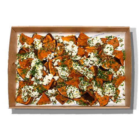 Roast Japanese pumpkin platter with activated pumpkin seeds, aged feta, and gremolata, perfect for vegan and gluten-free catering in Sydney.