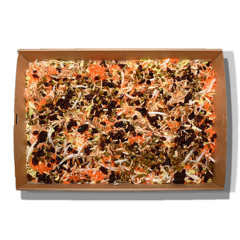 Slaw salad with shredded cabbage, grated carrot, currants, pumpkin seeds, and almonds, perfect for vegan and gluten-free catering in Sydney.