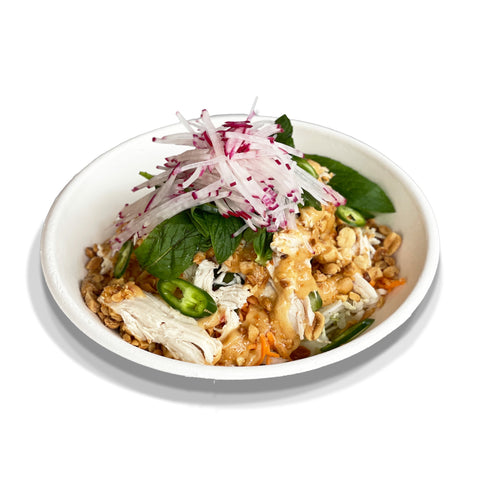 Bang Bang Chicken Salad with poached free-range chicken, fresh vegetables, and toasted peanuts, perfect for catering in Sydney.