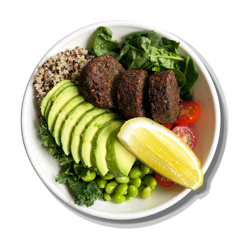 Broad Bean Falafel Salad with spinach, kale, quinoa, and avocado, perfect for healthy catering in Sydney.