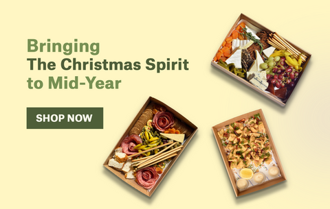 Three food platters with a promotional message on a beige background
