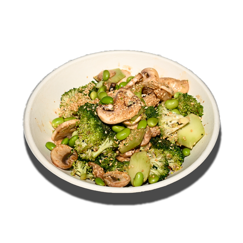 Crunchy broccoli salad with mushrooms, sesame seeds, and sesame soy dressing, perfect for vegan and gluten-free catering in Sydney.
