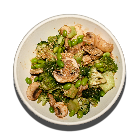 Crunchy broccoli salad with mushrooms, sesame seeds, and sesame soy dressing, perfect for vegan and gluten-free catering in Sydney.
