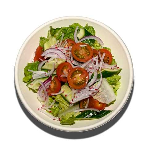 Individual garden salad with baby cos lettuce, cherry tomatoes, cucumber, Spanish onion, and radish, perfect for vegan and gluten-free catering in Sydney.