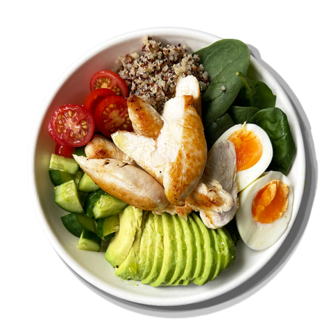 Grilled Free-Range Chicken Salad with spinach, quinoa, avocado, and lemon oil, perfect for healthy catering in Sydney.