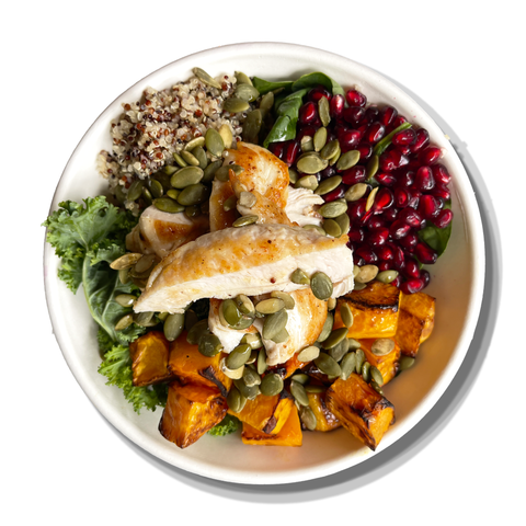 Grilled Chicken & Roast Pumpkin Salad with high-protein, low-calorie ingredients, perfect for healthy catering in Sydney.