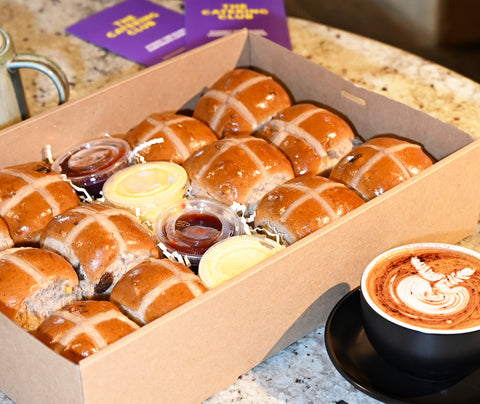 Hot Cross Buns with cultured butter and berry jam, perfect for Easter and catering in Sydney.