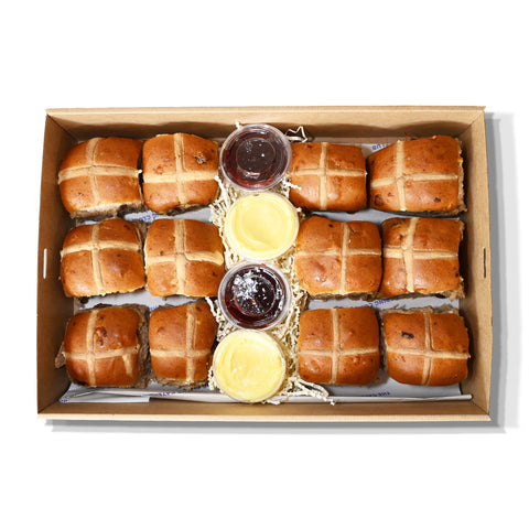 Hot Cross Buns with cultured butter and berry jam, perfect for Easter and catering in Sydney.
