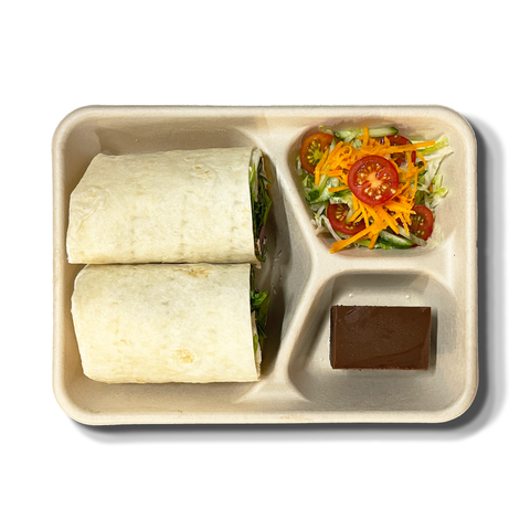 Wrap Lunch Box with New York Pastrami, Crumbed Chicken, and Deviled Egg wraps, garden salad, and chocolate brownie, perfect for catering in Sydney.