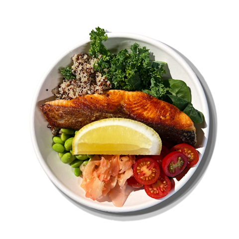 Grilled Crisp Skin Salmon Salad with quinoa, kale, edamame, and ponzu dressing, perfect for healthy catering in Sydney.
